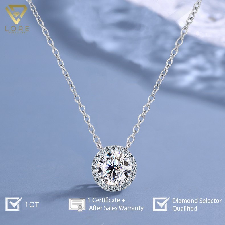 Lore Jewellery - Kalung Moissanite Lapis Emas 18K - Round Moissanite Necklace 1ct [GRA Certificated and After Sales Warranty]