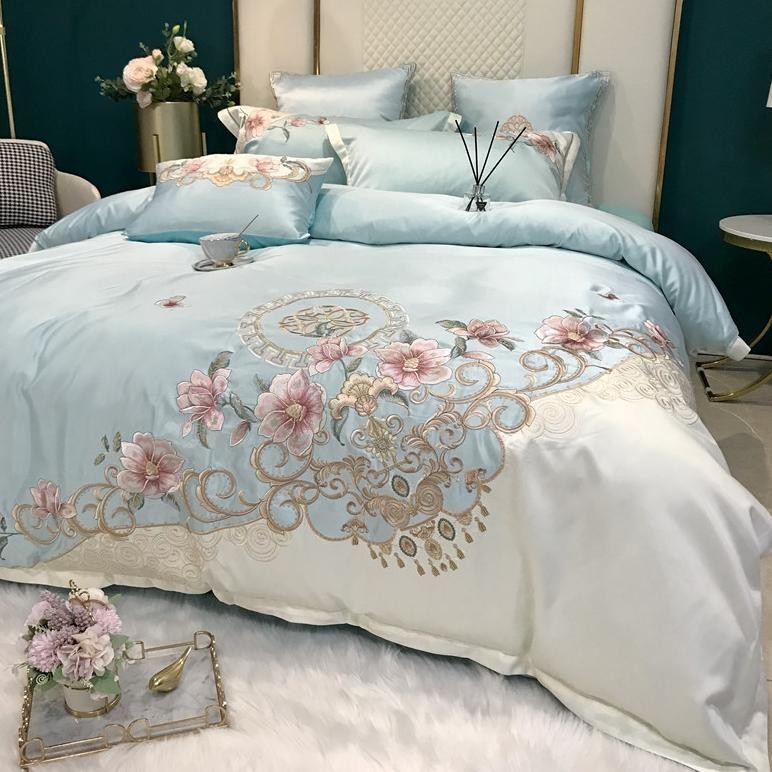 Hotsale Satin Washed Silk Cotton Flowers Embroidery Bedding Set Doub