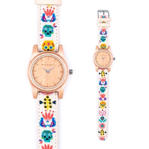 Woodka Mini Loca Maple & Mexico Skull Candy Canvas Strap | jam tangan kayu unik unisex