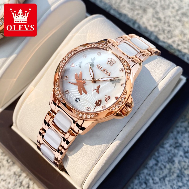 OLEVS Jam Tangan Wanita Cewek Anti Air Original Terbaru Otomatis Luminous Pearl Luxury Tali Ceramic Dragonfly Women Watch 6610 With