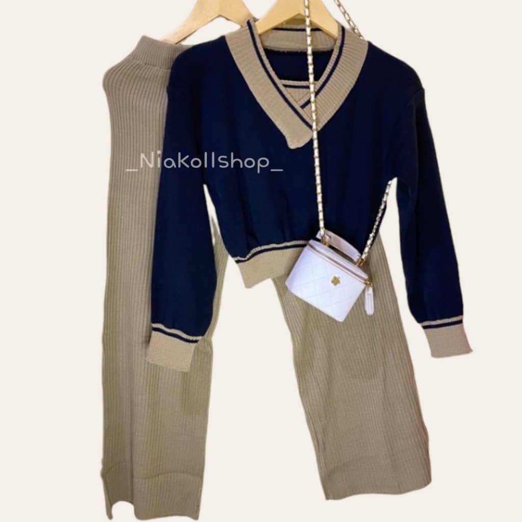 OneSet Sweater V-TOP Crop & Celana Kulot