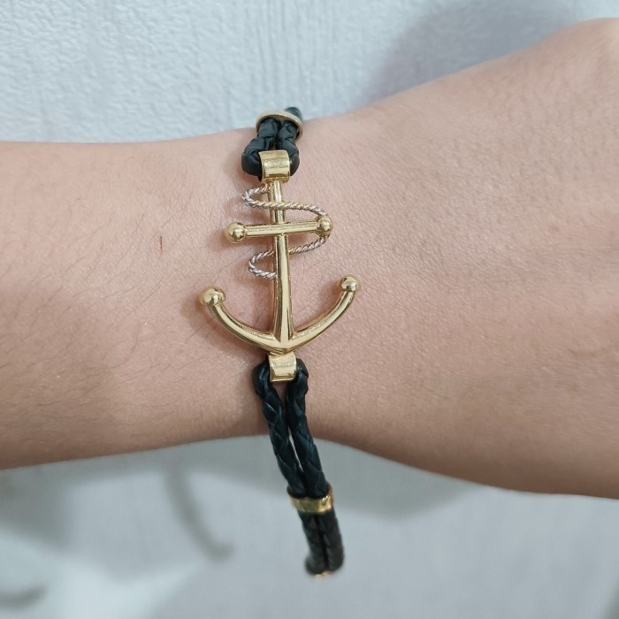Gelang Tangan Tali Kulit Charm Emas Jangkar