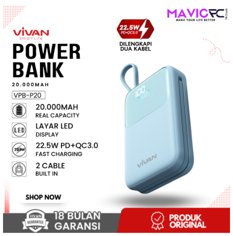 Powerbank 20.000 mAh 22.5W PD QC 3.0 LED 2 Built In Cable Type-C & Lightning Fast Charging