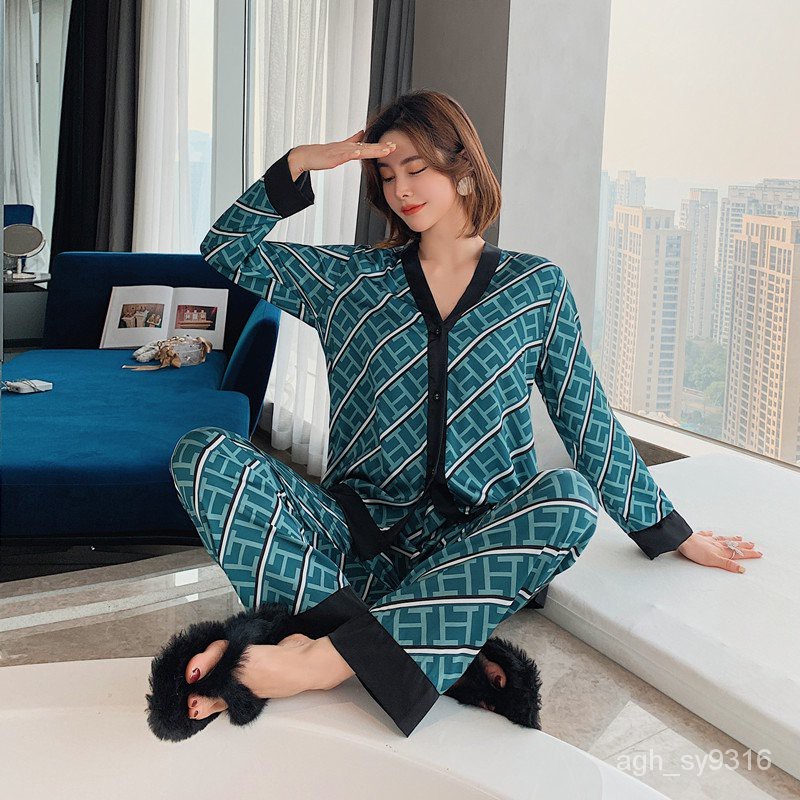 QSROCIO Women's Pajamas Set V Neck Design Luxury Cross Letter Print Sleepwear Silk Like Home Clothes