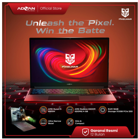 ADVAN Laptop Gaming Pixelwar AMD RYZEN 5 6600H 16” 2.5K IPS 16GB 512GB