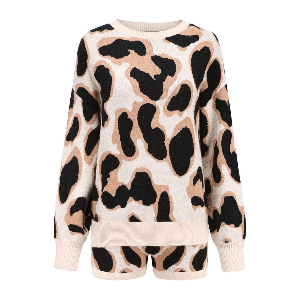 PREORDER Women's Warm Suit Set Woman 2 Pieces Leopard Print Sweater High Waist Shorts Fall Winter Clothes Streetwear Casual Knitted