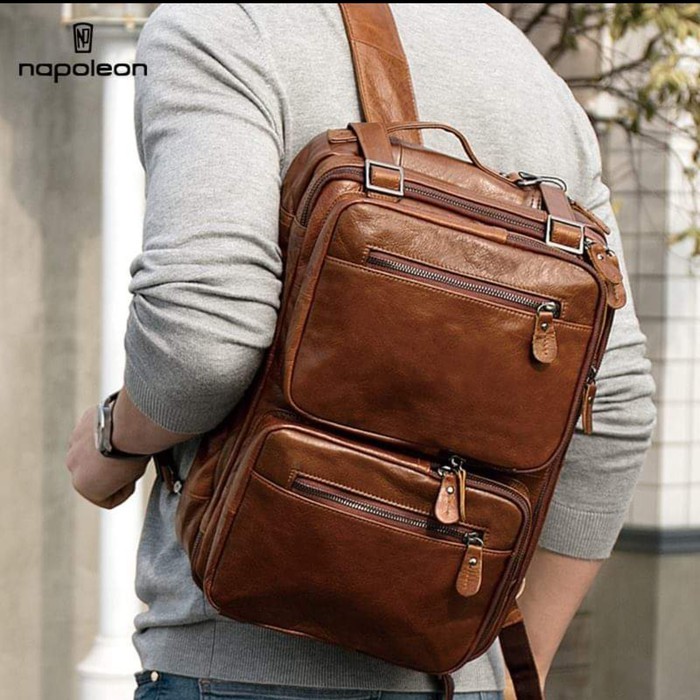 Tas Ransel & Tas Selempang Pria Kulit Sapi Asli Backpack Import New Brand Napoleon R2
